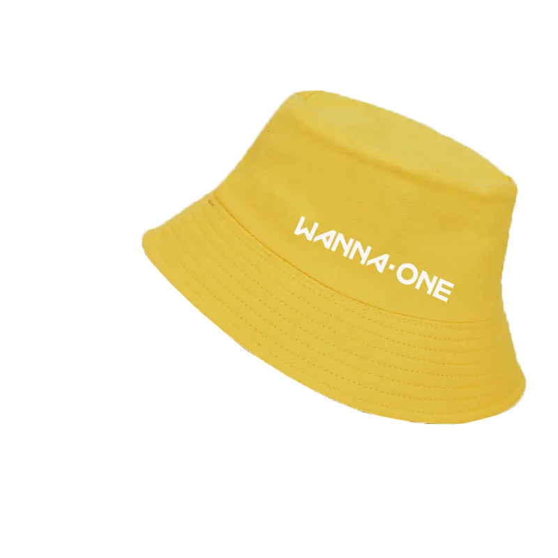 wanna one yellow IKFUNII kpop Twice Wanna One Кава Панама Шляпы простой солнцезащитный головной убор основной пляжный партнер Fanamde подарок(белый черный желтый - Цвет: wanna one yellow