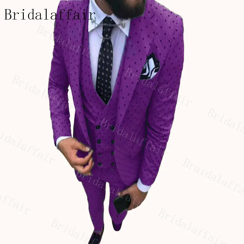 Bridalaffair,, мужской костюм в горошек, 3 предмета, новейший дизайн пальто, брюки, смокинги с отворотом, Женихи, мужские свадебные/вечерние блейзеры - Цвет: purple