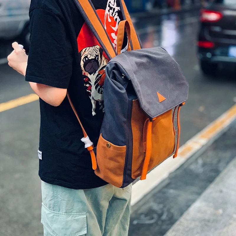

Hot Sales-Japanese Style Casual Backpack Canvas with Skeleton-skin COUPLE'S Contrast Color Backpack Canvas Bag Wholesale
