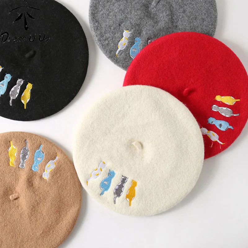 DRESSUUP Autumn Winter Hats For Women Lady Wool Beret Artist Painter Cap Cat Embroidery Cute Beret Female Vintage Boina Feminina
