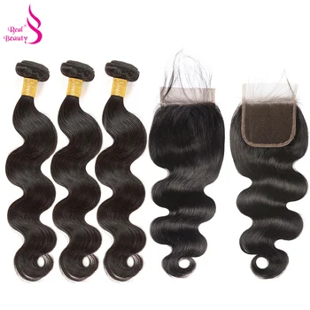

REAL BEAUTY Remy Mongolian Hair With Lace Closure 3 Bundles Body Wave Human Hair With Closure