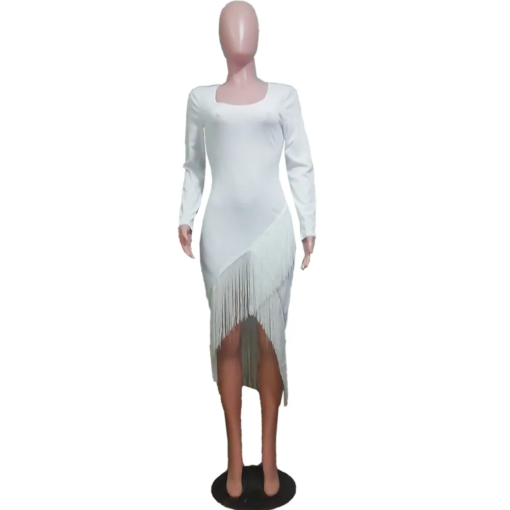 Женское осенне-зимнее милое платье средней длины с длинным рукавом и кисточками, с высокой талией, с круглым вырезом, вечерние Клубные бандажные платья GLHM6158