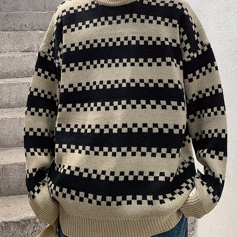 Winter New High Collar Sweater Men Warm Fashion Contrast Color Casual Knit Pullover Male Clothes Loose Long Sleeve Sweater Men