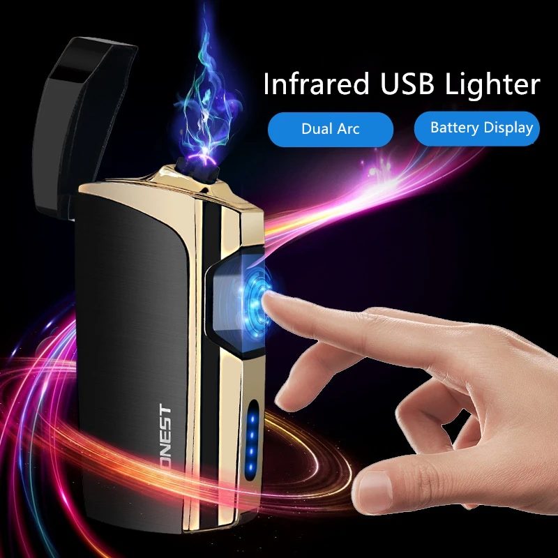 

Green Laser Touch Dual Arc Electronic Lighter Windproof Metal Pulsed Lighters USB Recharge Cigarette Electric Lighter Men Gift