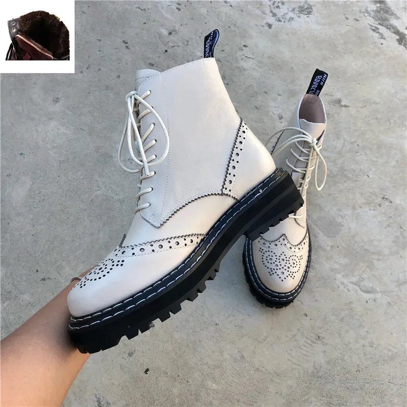 Beige Plush lining Осенне-зимние полусапожки из высококачественной натуральной кожи в стиле панк; женские ботильоны на высоком каблуке со шнуровкой; обувь для вечеринок; женские Ботинки martin - Цвет: Beige Plush lining