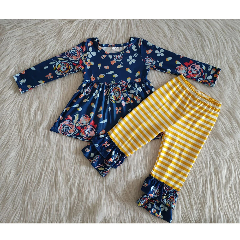 Conjunto de ropa para niñas pequeñas, Túnica de flores azules con pantalones a amarillas, trajes Boutique, venta al por mayor|set de ropa| - AliExpress