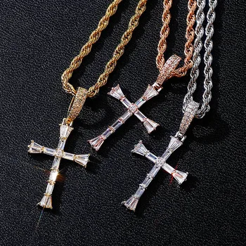 

D&Z Iced Zircon Baguette Stones Cross Pendant With 4mm Tennis Chain Men's Hip hop Jewelry Gold Silver Color CZ Pendant Necklace