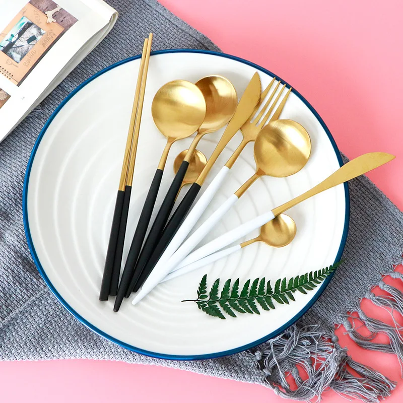 Hot Sale 4 Pcs/set White Gold european knife Dinnerware 304 Stainless Steel Western Cutlery Set Kitchen Food Tableware Dinner