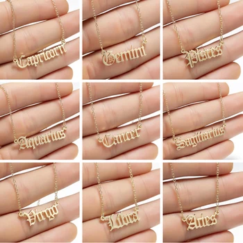 

12 Constellation Stainless Steel Zodiac Necklace Old English Letter Leo Aries Virgo Alphabet Necklaces For Women Birthday Gift