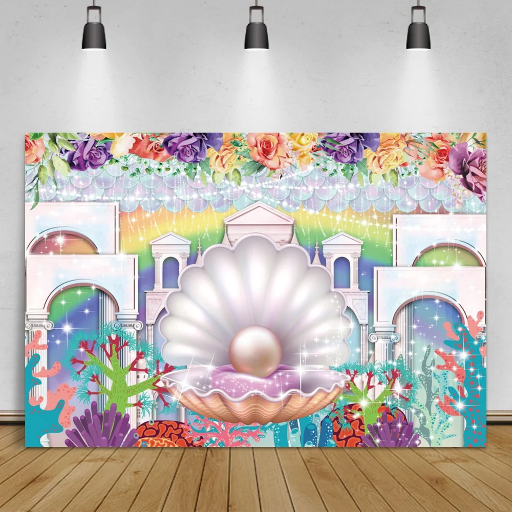 

Laeacco Shell Pearl Light Damp Coral Flower Baby Shower Fairytale Mermaid Birthday Portrait Background For Photography Backdrop