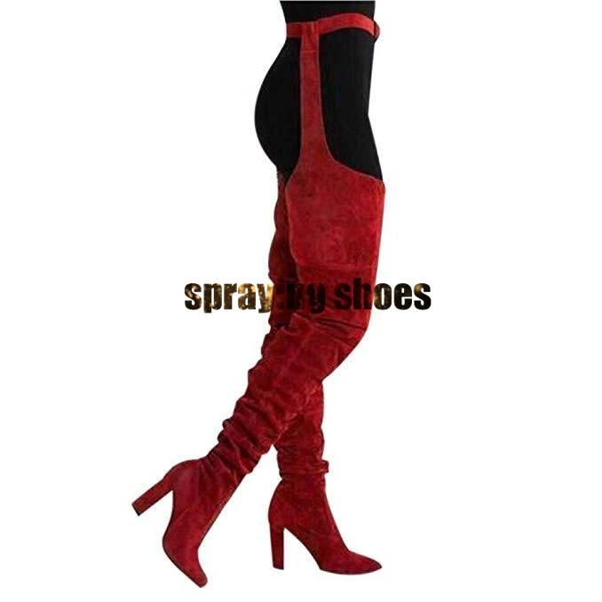 Wild Sexy Belted Thigh High Boots Women Chunky Heels Pointy Toe Winter Boots Red Fashion Ladies Shoes Chap Boots Woman - Цвет: as picture