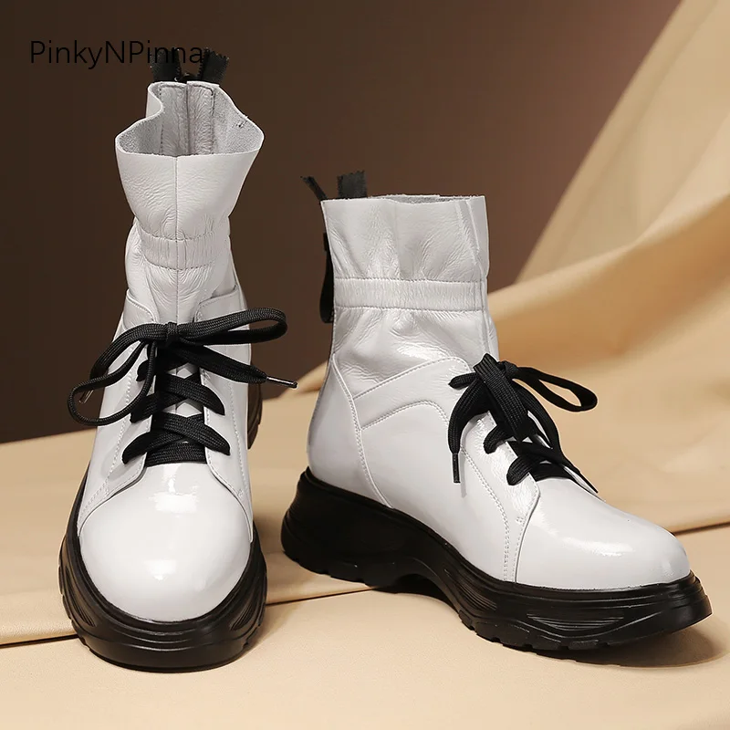 

luxury women black white ankle boots genuine leather shining platform soft thick bottom street riding short back zip booties