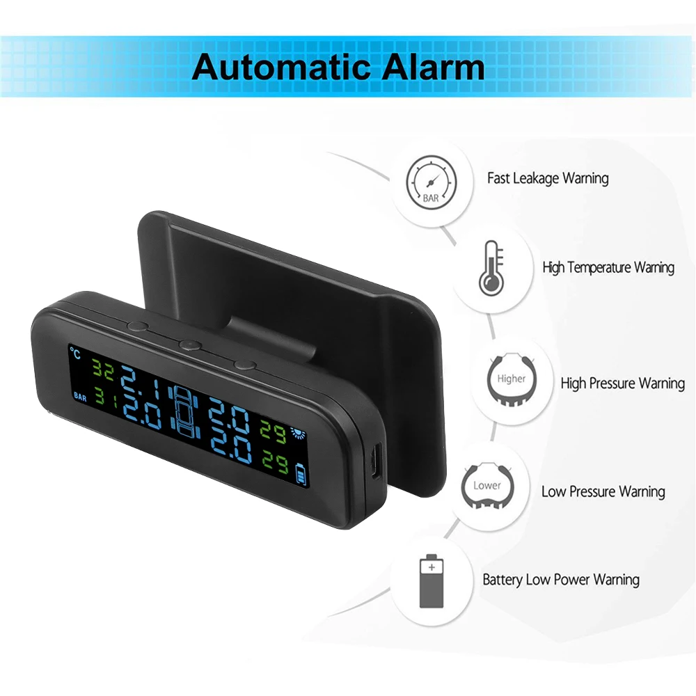 Солнечная и USB мощность TPMS автомобильная система контроля давления в шинах Система лобового стекла и приборной панели дисплей в реальном времени с 4 датчиками