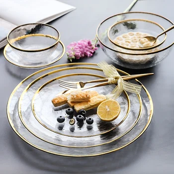 

Creative Phnom Penh Glass Bowl Tableware Household Fruit Salad Dessert Steak Western Plate Round Crystal Glass Bowl Dish Plate