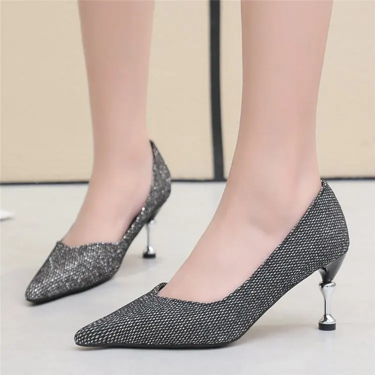 

2020 Spring And Autumn New Style Shoes Sequin Fashion Korean-style Solid Color Shoes Versatile Pointed-Toe Thin Heeled High Heel