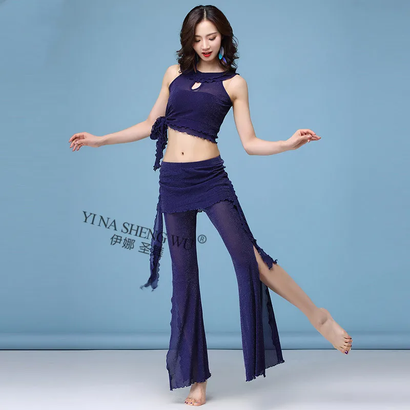 2pcs Dark blue Женский набор костюма для танца живота сексуальная модная танцевальная одежда для занятий вилкой брюки юбка одежда для латиноамериканских танцев Новинка 2 шт топ+ брюки - Цвет: 2pcs Dark blue