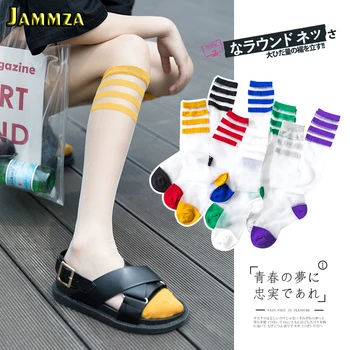 

Japan Style Long Silk Socks Women spring summer fashion Sexy calf Socks Three bars rainbow stripe Transparent knee Socks
