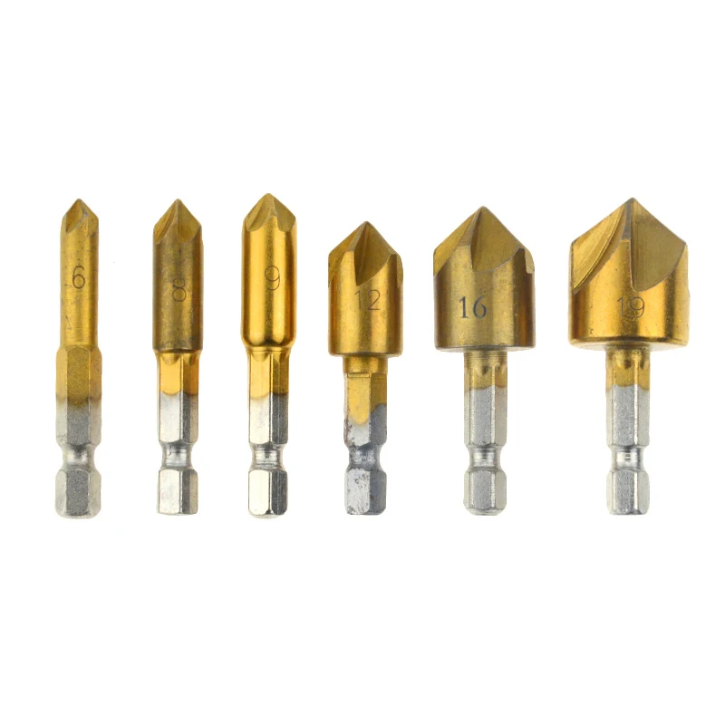 6PCS 6mm-19mm Chamfer Countersink Chamfer Drill Bit 1/4" Hex Shank 90 Degree Wood Chamfering Cutter