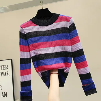 

2019 New Gold Silk Striped Sweater Coat Women's Fashion Hit Color Slim Knit Jumper Long Sleeve O-neck Knitted Top Lady Sweaters