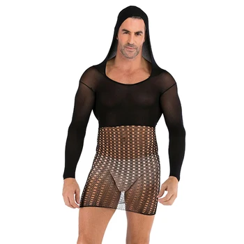 

Men's Undershirts Sexy See-through Mesh clubwear male Solid Color Long Sleeve Hooded Underwear Intimates