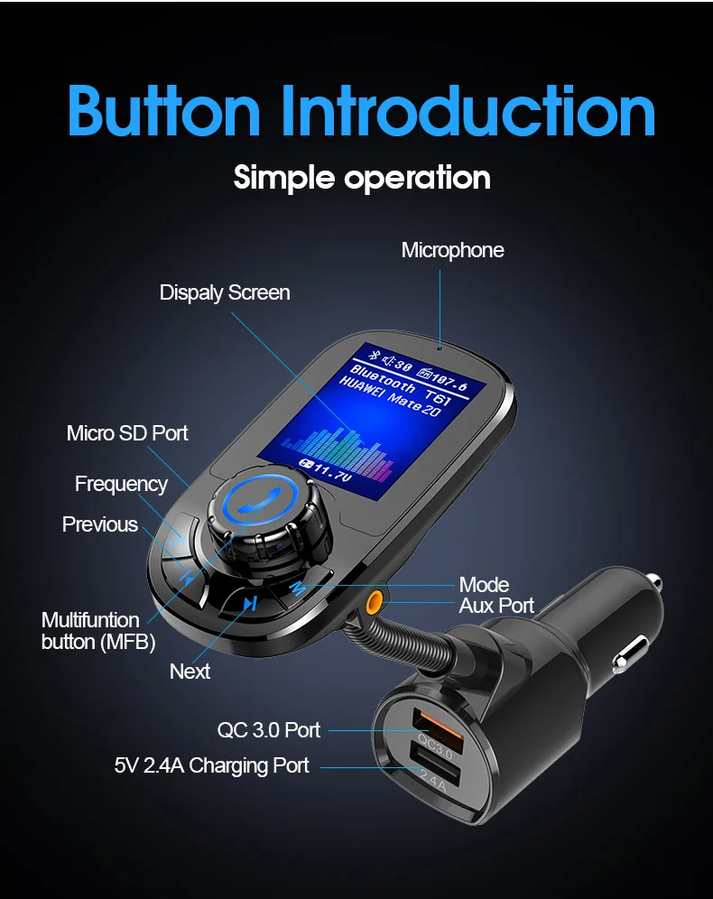 JINSERTA Автомобильный MP3 музыкальный плеер Bluetooth 5,0 приемник fm-передатчик двойной USB QC3.0 зарядное устройство светодиодный дисплей AUX без потерь музыка