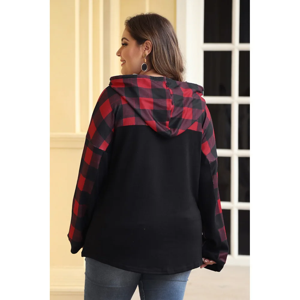 New Autumn and Winter Hat Cover Lattice Colour Coloured Splicing Sanitary Clothes Women's Loose and Plus Size Topcoat