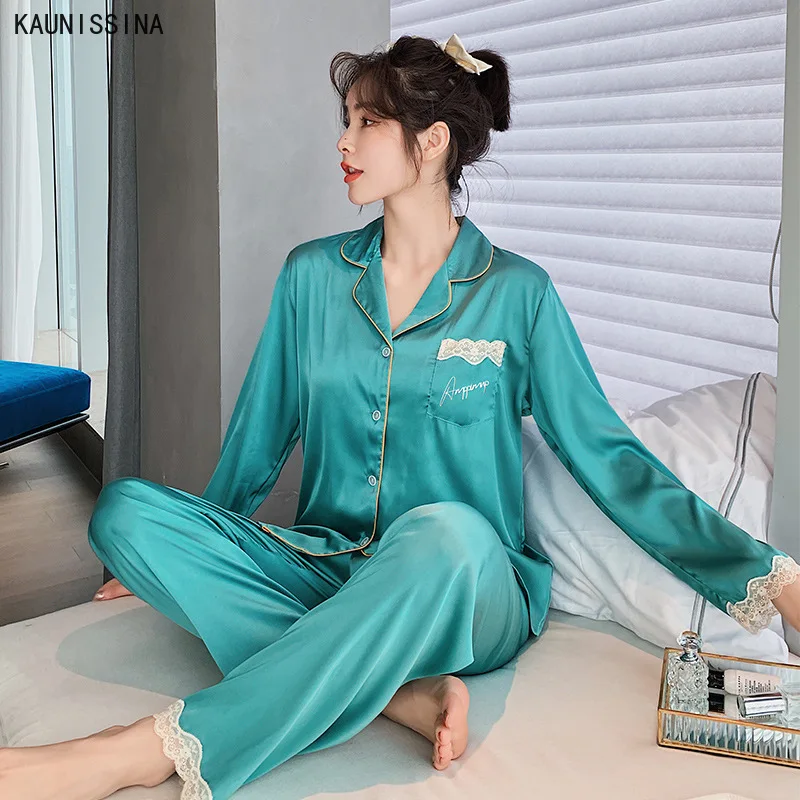 

Women Pajama Sets Silk Satin Pijama Turn-down Collar Sleepwear Long Sleeve 2 Pieces Sets Homewear Female Spring Nightwear Suits