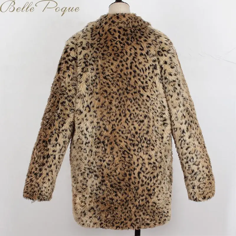 Belle Poque, теплое зимнее пальто из искусственного меха, женские куртки с отложным воротником, женские леопардовые куртки на молнии, свободные длинные женские куртки средней длины