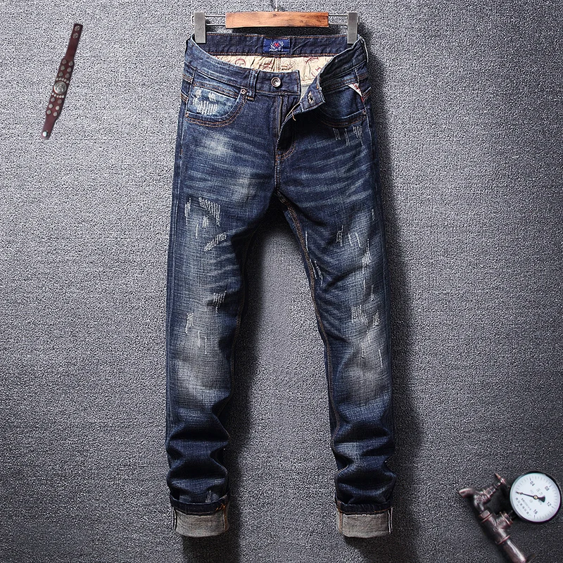 

Italian Style Fashion Men Jeans Retro Dark Blue Slim Fit Elastic Ripped Jeans Men Denim Pants High Quality Hip Hop Jeans Homme