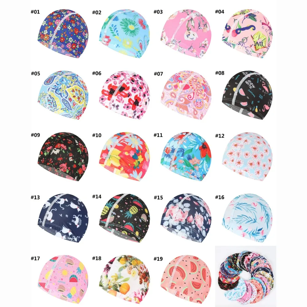 Flower Print Fabric Swimming Cap Swiming Pool Protect Long Hair Ears Hat Swim Bathing Hats Caps for Women Men Adults Ladies Hat
