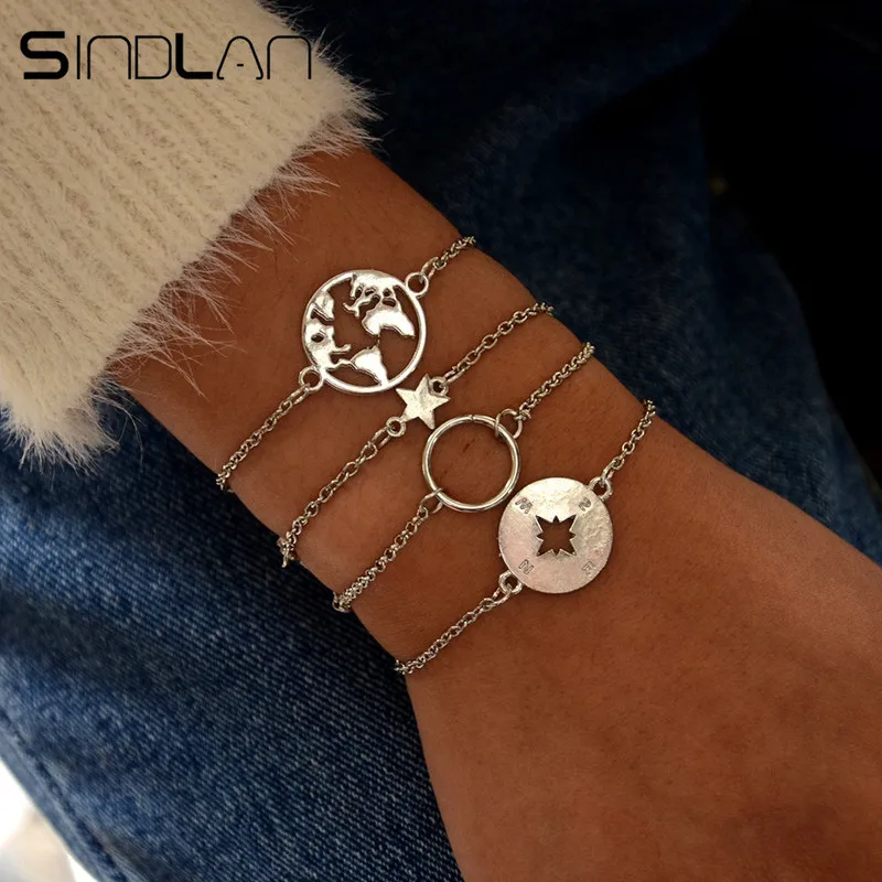 

Sindlan 4PCs Vintage Silver Compass Charm Bracelets for Women Hollow Map Boho Bangles Bracelets Set Wrist Chain Bracelet Jewelry