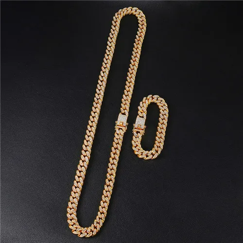 Necklace Bracelet 1Set Full Iced Out Paved Rhinestones 13MM Gold Silver Miami Curb Cuban Chain CZ Bling Rapper Necklaces For Men Hip Hop Jewelry - Окраска металла: Necklace Bracelet