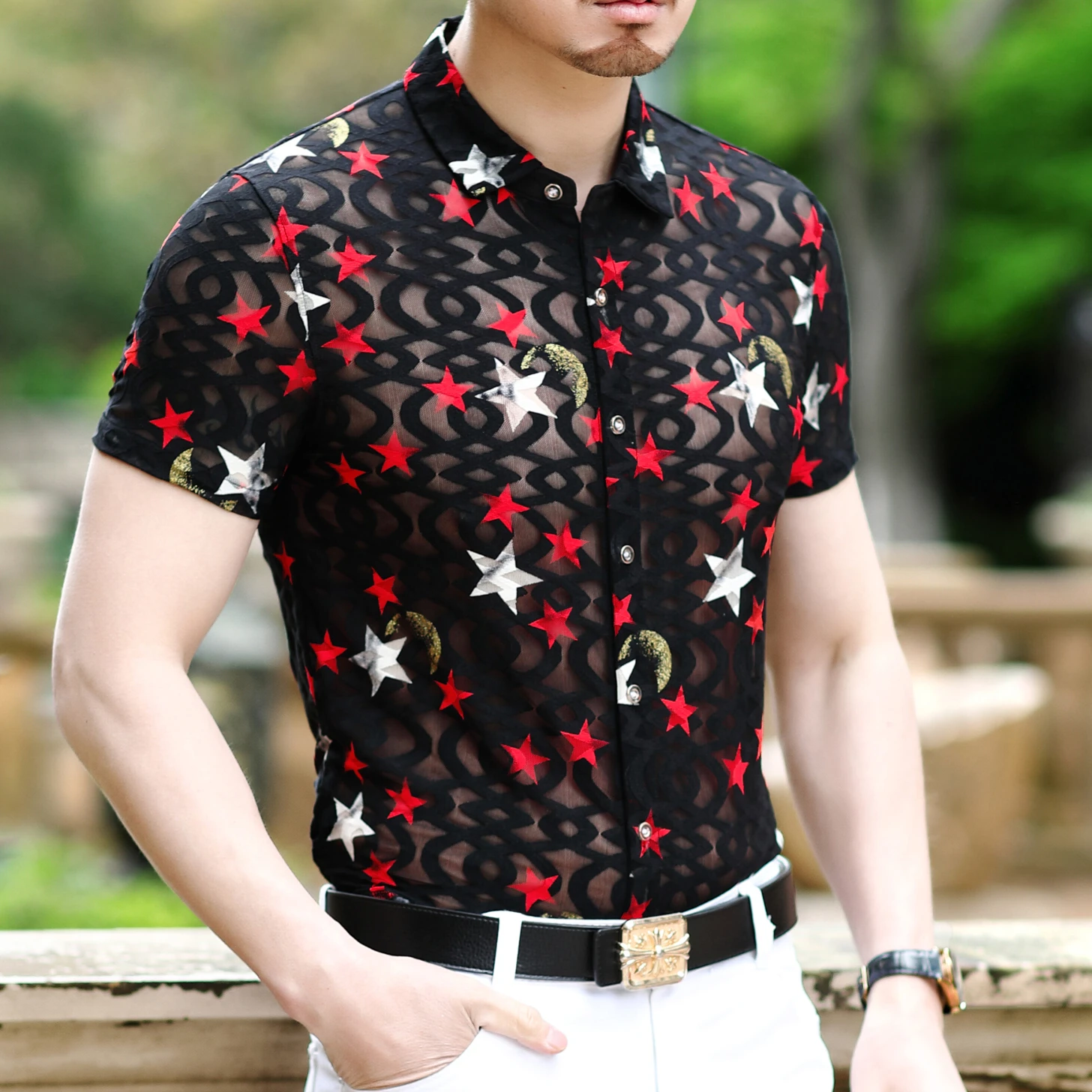 Camisa transparente con estampado de estrellas para Hombre, Camisa Sexy de  diseño, ajustada, de manga corta, de flores ajustable, color rojo y blanco| Camisas informales| - AliExpress