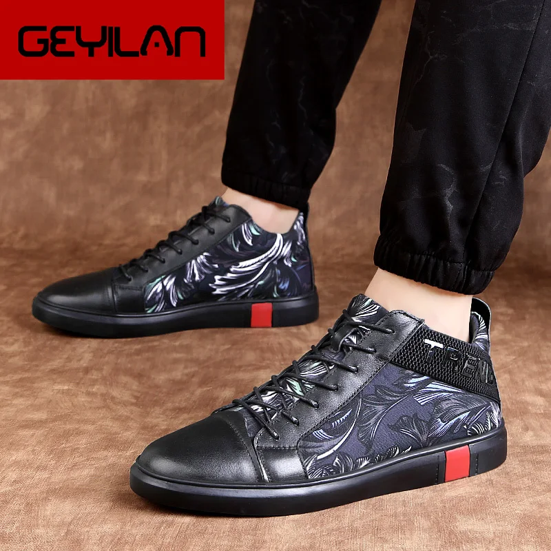 Мужские высокие кроссовки из натуральной кожи; Модные осенние мужские кроссовки на шнуровке; черные кроссовки; Zapatilla Hombre; обувь в стиле хип-х...