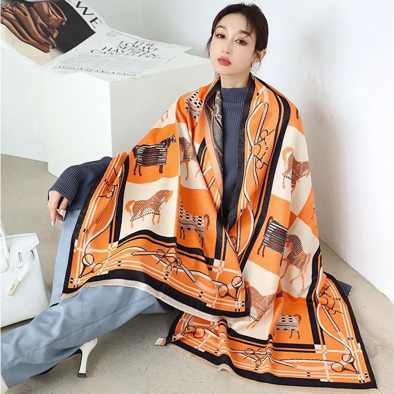 

KOI LEAPING European and American style ladies fashion popular horse pattern printing cashmere shawl warm scarf best gift