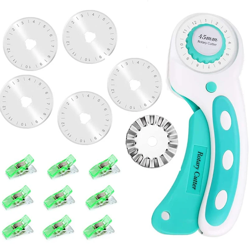 

LMDZ Leather Craft Green 45mm Rotary Cutter With 6 Pcs Circular Blades Sewing Clips DIY Patchwork Cuttinging Quilting Fabrics