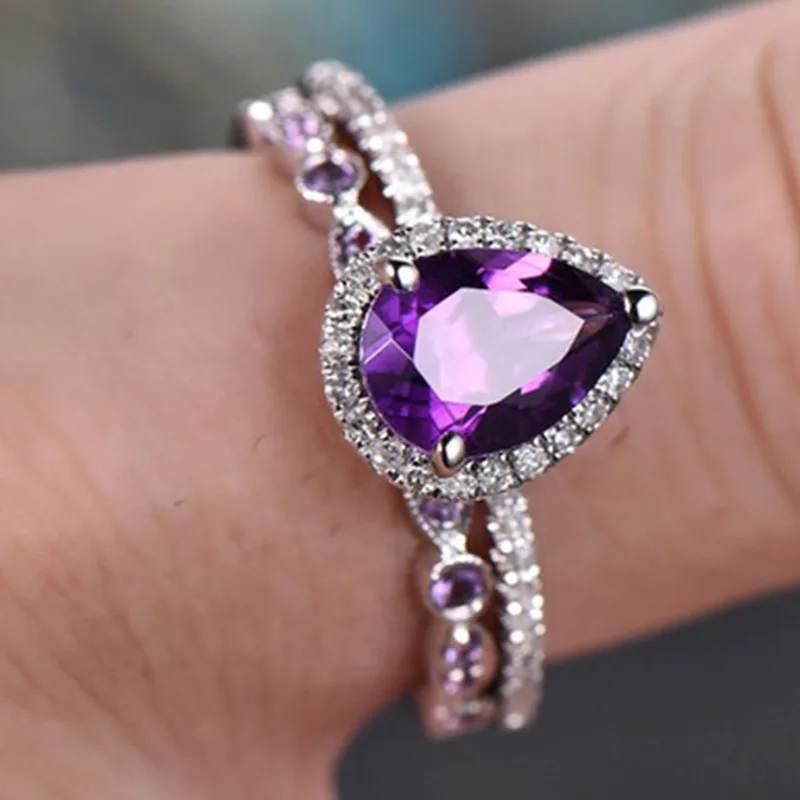 Vintage 2Pcs/Set Purple Stone Engagement Rings Women 's Drop Shape Zircon Bridal Wedding Ring Set Jewelry Gift