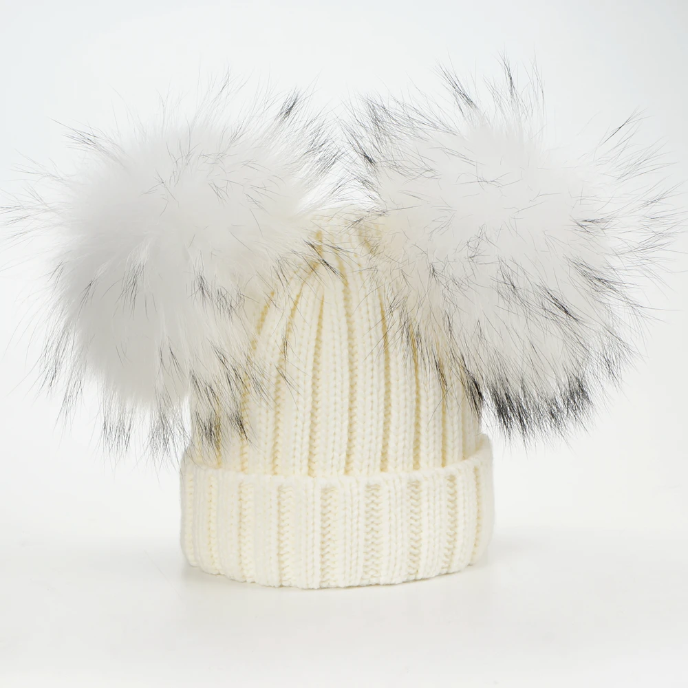 15cm pompoms Наряд для родителей и ребенка с двойным натуральный мех помпонами меховая шапка Для женщин шерстяные вязаные круглые шапки без полей для дамы детские вязаные головные уборы Skullies Кепки зимние из натурального меха енота - Цвет: 15cm pompoms