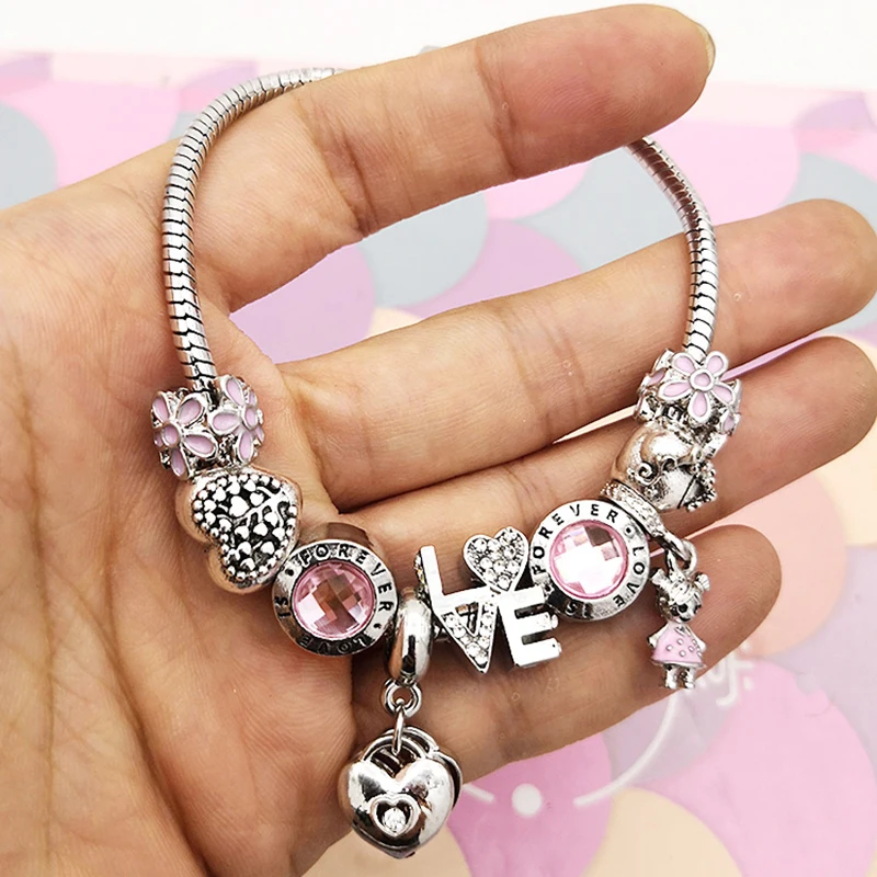 Beads Charm Bracelets For Women With Siver Color Chain Bracelets As Couple Christmas Jeweley Pulseira Gift Fashion FOREVER LOVE Bracelet Jewelry