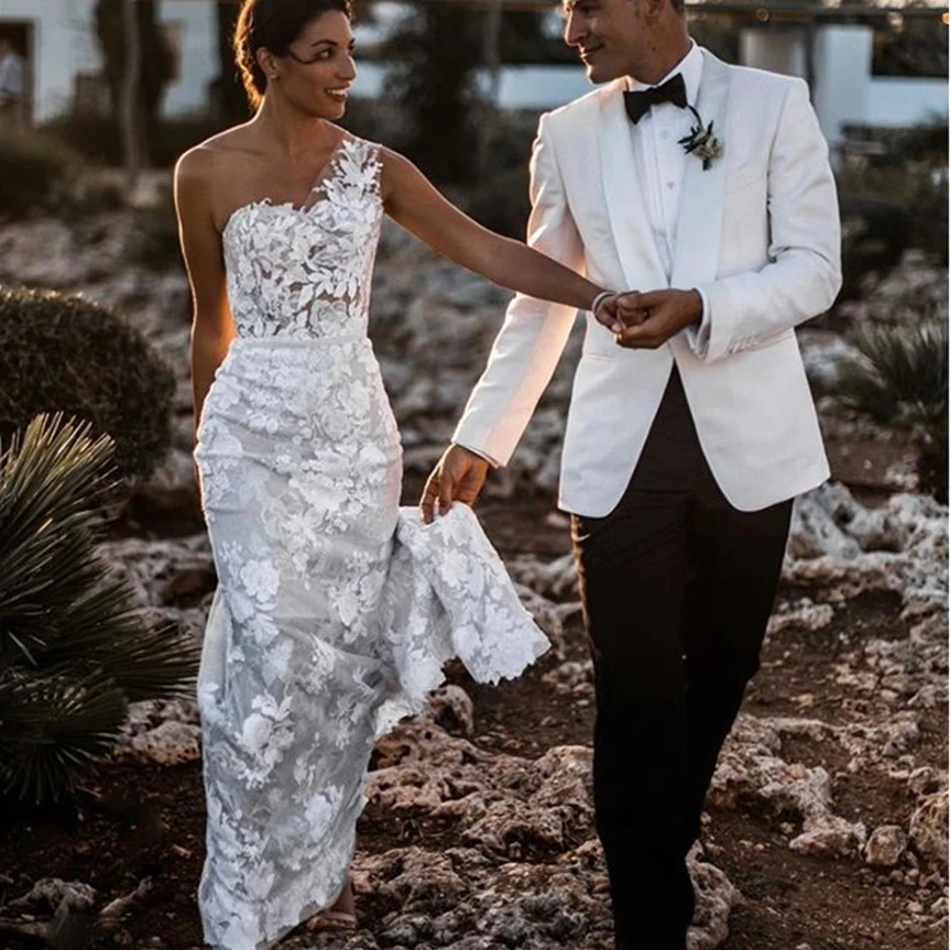 One Shoulder Beach Wedding Dresses Mermaid Flower Pattern Appliques Lace Bridal Gowns 2021 Vintage Country Style Robe De Mariee | Свадьбы и