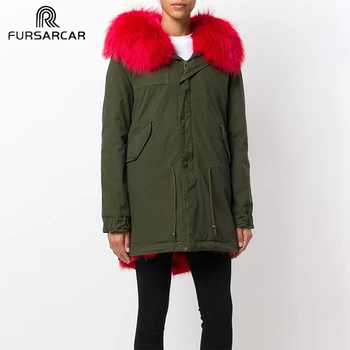 

FURSARCAR Fashion New Real Red Fur Parka Women Luxury Winter Coat With Raccoon Fur Collar And Cuff Casual Warm 80cm Fur Parka