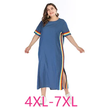 

2019 summer plus size long dress for women large short sleeve loose casual O neck straight denim dresses blue 4XL 5XL 6XL 7XL
