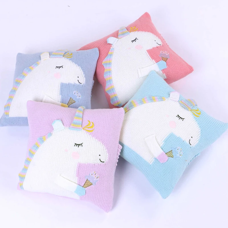 

35*35cm Cute Cartoon Unicorn Knit plush pillow Washable unicorn pillowcase blanket Rainbow Horse Plush Toy Stuffed Birthday Gift