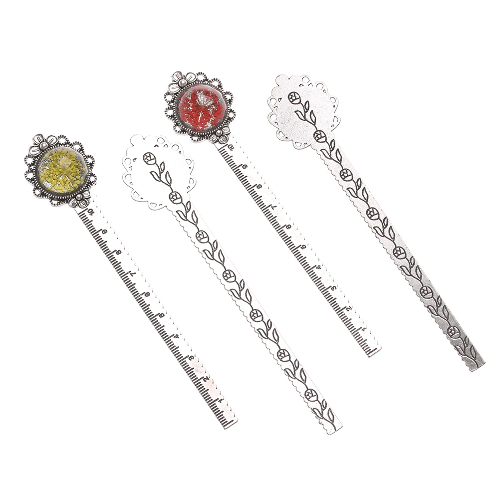 1PC Retro Metal Bookmark Ruler Colorful Dried Flower Silver Metal Ruler Flower Bookmarks Book Page Marker School Office Supplies