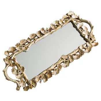 

1Pc Rectangular Gingko Leaf Retro Carved Tray Mirror Tea Fruit Dessert Coffee Dessert Table Storage Tray(Golden)