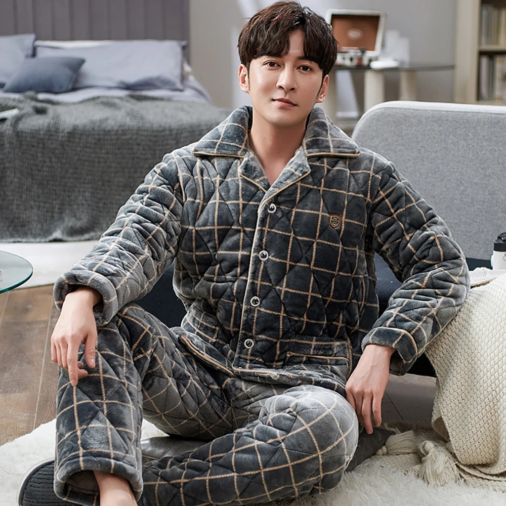 mens fleece pajama pants Flannel Men's Winter Pajamas Thick 3-layer Cotton Warm Pajama Sets Casual Plaid Pijama Trendyol Home Wear Cozy Soft Loungewear mens pjs set Men's Sleep & Lounge