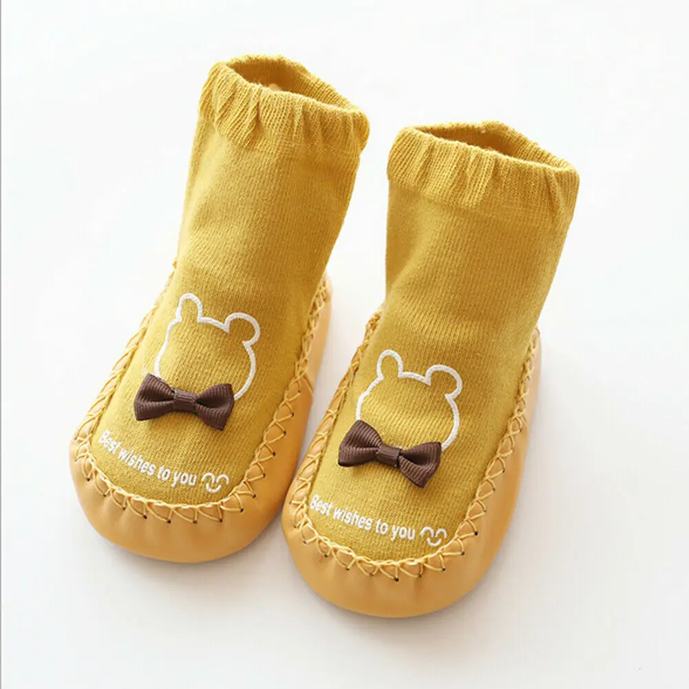 Детские Носки с рисунком животных Нескользящие хлопковые носки-тапочки с резиновой подошвой обувь для малышей осенне-зимние детские ботиночки на плоской подошве - Цвет: Цвет: желтый