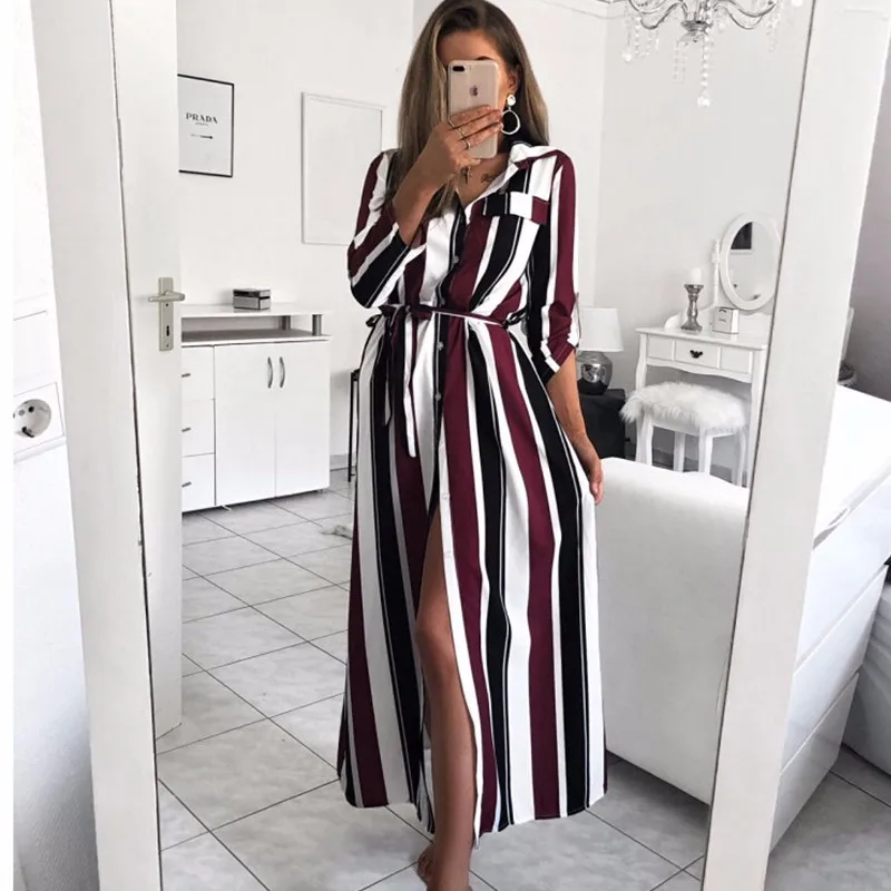 

Autumn Striped Shirt Long Dress Turn-Down Collar Long Sleeve Button Plus Size 3XL Elegant Women Dress Lace Up Vestido Slim Robe
