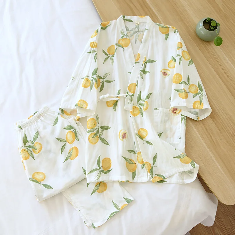 

Japanese Kimono Spring and Autumn Womens New Floral Loose Pajamas Suit 100% Cotton Three-Quarter Sleeve Home Service Thin Summer