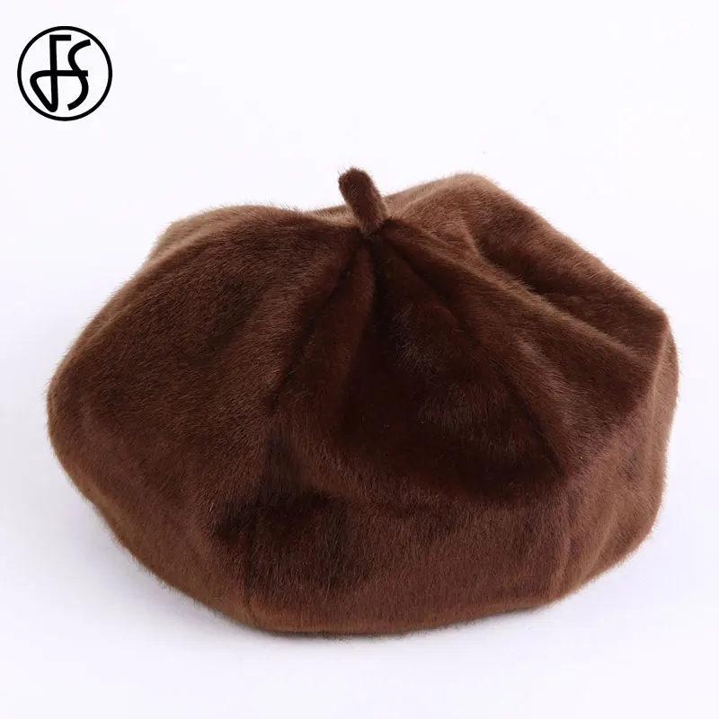 Brown Berets FS, берет из кроличьего меха, женские зимние шапки для женщин, черная плоская шапка, женские шапки для девочек, женские шапки Berret Femme, шапка для художника - Цвет: Brown Berets